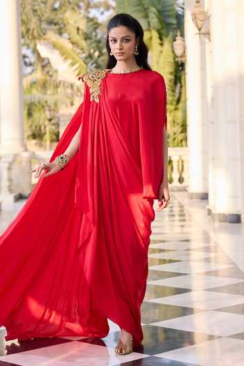 Shop_RINESSA_Red Crepe Round Neck Draped Skirt And Top Set _Online_at_Aza_Fashions