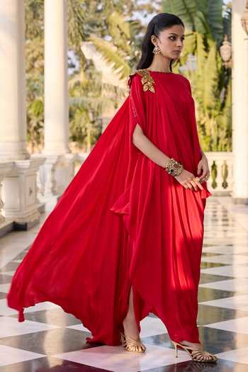 RINESSA_Red Crepe Round Neck Draped Skirt And Top Set _at_Aza_Fashions