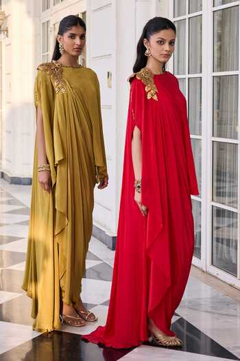 Buy_RINESSA_Red Crepe Round Neck Draped Skirt And Top Set 