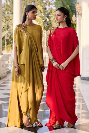 Shop_RINESSA_Red Crepe Round Neck Draped Skirt And Top Set 
