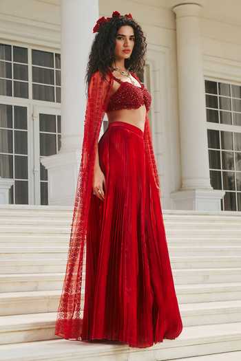 RINESSA_Red Organza, Shantoon Bandeau Neck Butterfly Wing Cape Skirt Set _Online_at_Aza_Fashions
