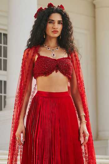 Buy_RINESSA_Red Organza, Shantoon Bandeau Neck Butterfly Wing Cape Skirt Set _Online_at_Aza_Fashions
