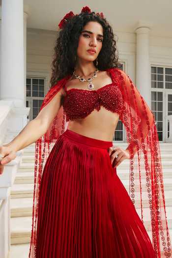 Shop_RINESSA_Red Organza, Shantoon Bandeau Neck Butterfly Wing Cape Skirt Set _Online_at_Aza_Fashions