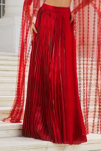 RINESSA_Red Organza, Shantoon Bandeau Neck Butterfly Wing Cape Skirt Set _at_Aza_Fashions