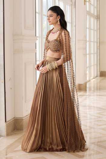 RINESSA_Gold Organza, Shantoon Sweetheart Neck Butterfly Wing Cape Skirt Set _Online_at_Aza_Fashions