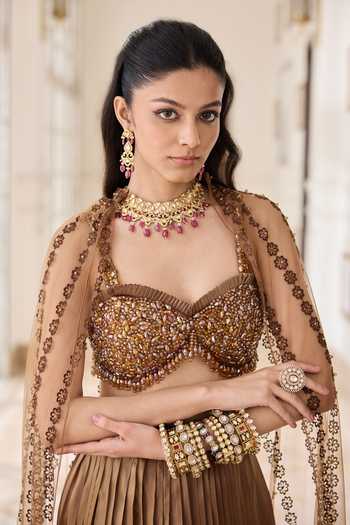 Buy_RINESSA_Gold Organza, Shantoon Sweetheart Neck Butterfly Wing Cape Skirt Set _Online_at_Aza_Fashions