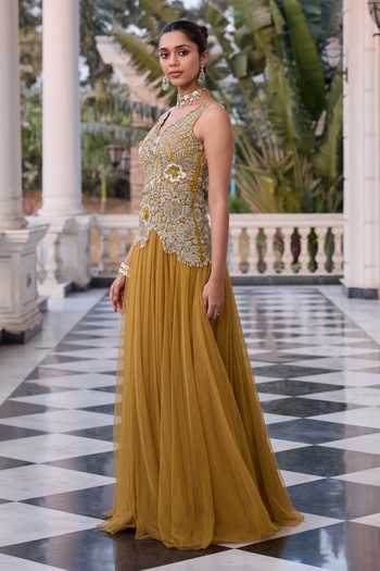 RINESSA_Green Organza, Net, Shantoon V-neck Hand Embroidered Sleeveless Anarkali _Online_at_Aza_Fashions