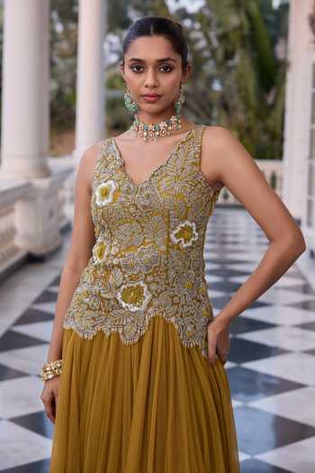 Buy_RINESSA_Green Organza, Net, Shantoon V-neck Hand Embroidered Sleeveless Anarkali _Online_at_Aza_Fashions