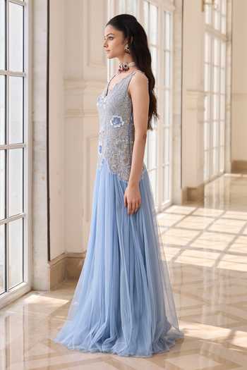 RINESSA_Blue Organza, Net, Shantoon V-neck Hand Embroidered Anarkali _Online_at_Aza_Fashions