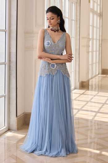 Buy_RINESSA_Blue Organza, Net, Shantoon V-neck Hand Embroidered Anarkali _Online_at_Aza_Fashions
