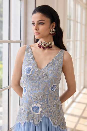 Shop_RINESSA_Blue Organza, Net, Shantoon V-neck Hand Embroidered Anarkali _Online_at_Aza_Fashions