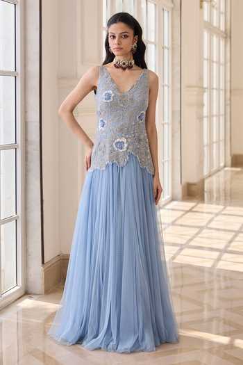 RINESSA_Blue Organza, Net, Shantoon V-neck Hand Embroidered Anarkali _at_Aza_Fashions