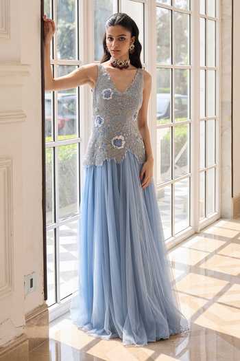 Buy_RINESSA_Blue Organza, Net, Shantoon V-neck Hand Embroidered Anarkali 