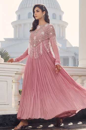RINESSA_Pink Net Hand Embellished Anarkali With Cape _Online_at_Aza_Fashions