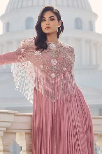 Buy_RINESSA_Pink Net Hand Embellished Anarkali With Cape _Online_at_Aza_Fashions