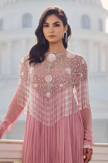 Shop_RINESSA_Pink Net Hand Embellished Anarkali With Cape _Online_at_Aza_Fashions