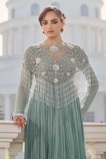 RINESSA_Aqua Georgette, Net Shawl , High Hand Embellished Anarkali And Cape _Online_at_Aza_Fashions
