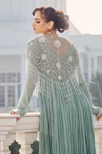 Buy_RINESSA_Aqua Georgette, Net Shawl , High Hand Embellished Anarkali And Cape _Online_at_Aza_Fashions