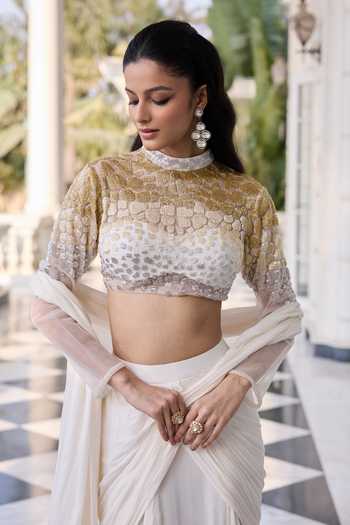 RINESSA_Ivory Net, Chiffon, Shantoon Mandarin Embellished Blouse With Draped Saree _Online_at_Aza_Fashions
