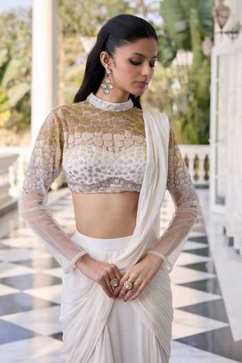 Buy_RINESSA_Ivory Net, Chiffon, Shantoon Mandarin Embellished Blouse With Draped Saree _Online_at_Aza_Fashions