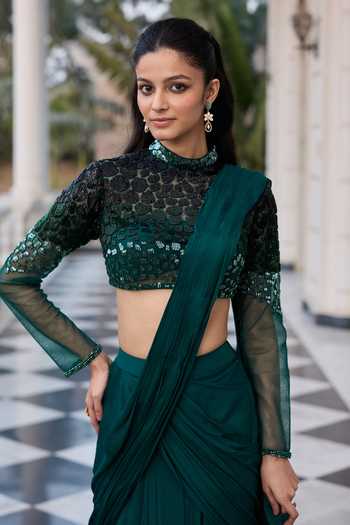 RINESSA_Emerald Green Net, Chiffon, Shantoon Embellished Blouse With Pre-draped Saree _Online_at_Aza_Fashions