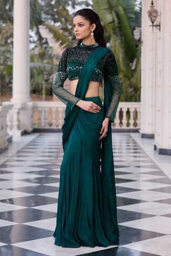 Buy_RINESSA_Emerald Green Net, Chiffon, Shantoon Embellished Blouse With Pre-draped Saree _Online_at_Aza_Fashions