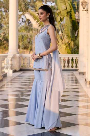 RINESSA_Blue Dupion Scoop Neck, Yes Embellished Short Kurta With Sharara _Online_at_Aza_Fashions