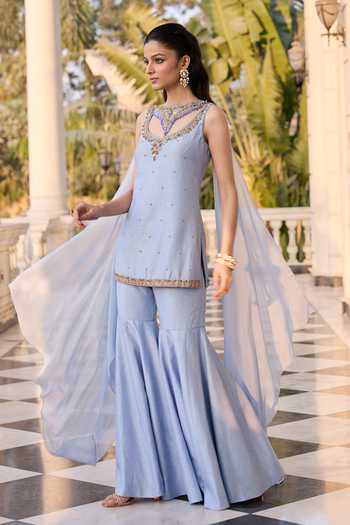Buy_RINESSA_Blue Dupion Scoop Neck, Yes Embellished Short Kurta With Sharara _Online_at_Aza_Fashions