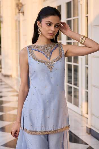 Shop_RINESSA_Blue Dupion Scoop Neck, Yes Embellished Short Kurta With Sharara _Online_at_Aza_Fashions