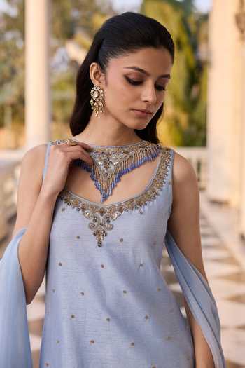 Buy_RINESSA_Blue Dupion Scoop Neck, Yes Embellished Short Kurta With Sharara 