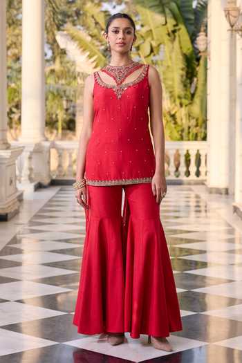 RINESSA_Red Shantoon, Dupion Scoop Neck Embellished Short Kurta And Sharara Set _Online_at_Aza_Fashions
