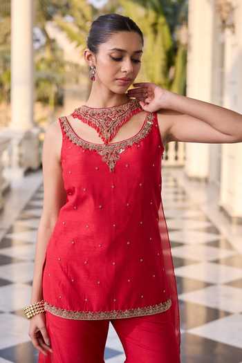 Buy_RINESSA_Red Shantoon, Dupion Scoop Neck Embellished Short Kurta And Sharara Set _Online_at_Aza_Fashions