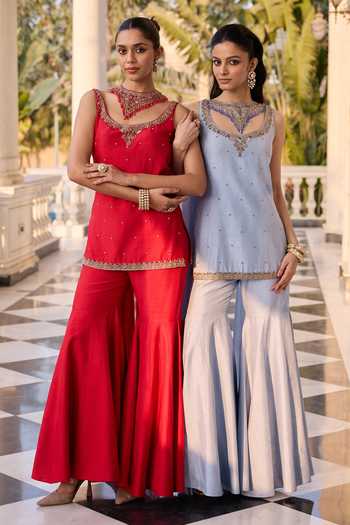 Shop_RINESSA_Red Shantoon, Dupion Scoop Neck Embellished Short Kurta And Sharara Set _Online_at_Aza_Fashions