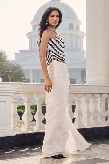 RINESSA_Ivory Silk, Crepe, Net, Dupion, Shantoon Embellished Corset With Draped Skirt _Online_at_Aza_Fashions