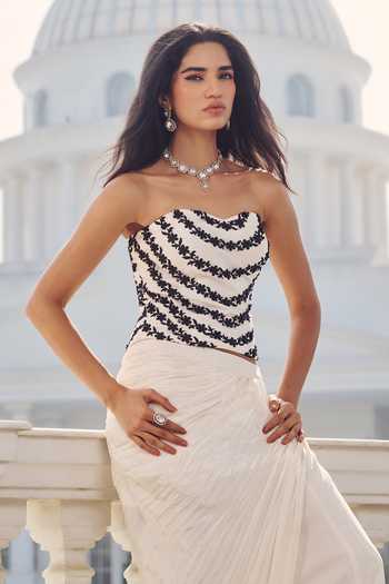 Buy_RINESSA_Ivory Silk, Crepe, Net, Dupion, Shantoon Embellished Corset With Draped Skirt _Online_at_Aza_Fashions