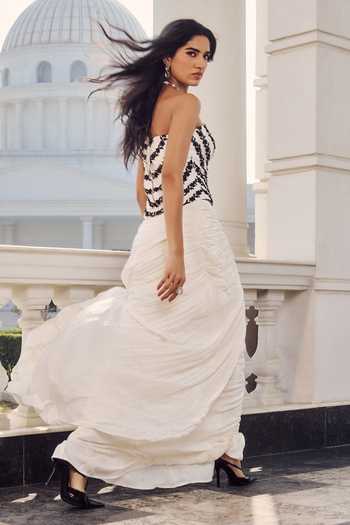 Shop_RINESSA_Ivory Silk, Crepe, Net, Dupion, Shantoon Embellished Corset With Draped Skirt _Online_at_Aza_Fashions