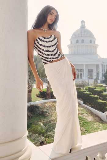 RINESSA_Ivory Silk, Crepe, Net, Dupion, Shantoon Embellished Corset With Draped Skirt _at_Aza_Fashions