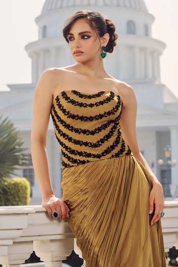 RINESSA_Brown Silk, Crepe, Net, Dupion, Shantoon Embellished Corset With Draped Skirt _Online_at_Aza_Fashions