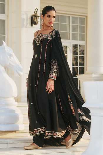 RINESSA Pink Silk, Cotton, Dupion, Shantoon Off Anarkali With Scallop Dupatta Online at Aza Fashions RINESSA_Pink Silk, Cotton, Dupion, Shantoon Off Anarkali With Scallop Dupatta _Online_at_Aza_Fashions