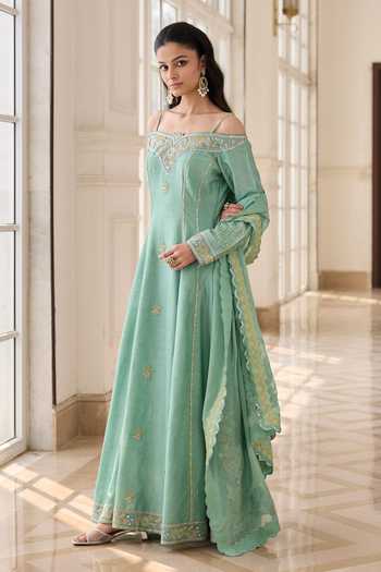 RINESSA Green Silk, Cotton, Dupion, Shantoon Off Anarkali With Scallop Dupatta Online at Aza Fashions RINESSA_Green Silk, Cotton, Dupion, Shantoon Off Anarkali With Scallop Dupatta _Online_at_Aza_Fashions