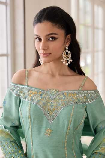 Buy RINESSA Green Silk, Cotton, Dupion, Shantoon Off Anarkali With Scallop Dupatta Online at Aza Fashions Buy_RINESSA_Green Silk, Cotton, Dupion, Shantoon Off Anarkali With Scallop Dupatta _Online_at_Aza_Fashions
