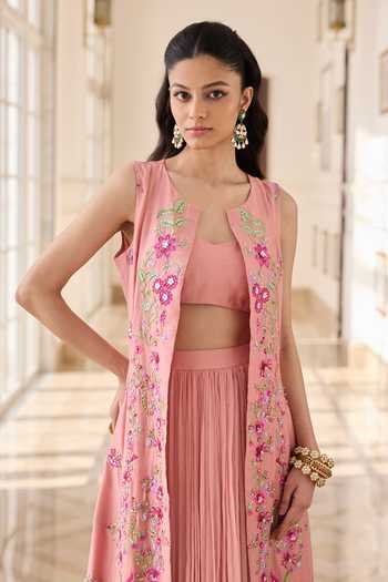 RINESSA_Peach Organza, Chanderi, Shantoon Open Neck, Embellished Jacket Ruched Skirt Set _Online_at_Aza_Fashions