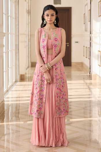 Buy_RINESSA_Peach Organza, Chanderi, Shantoon Open Neck, Embellished Jacket Ruched Skirt Set _Online_at_Aza_Fashions