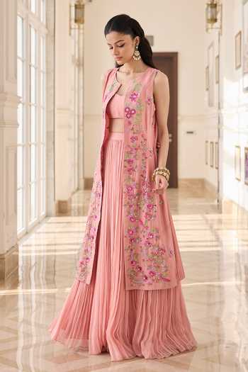 Shop_RINESSA_Peach Organza, Chanderi, Shantoon Open Neck, Embellished Jacket Ruched Skirt Set _Online_at_Aza_Fashions