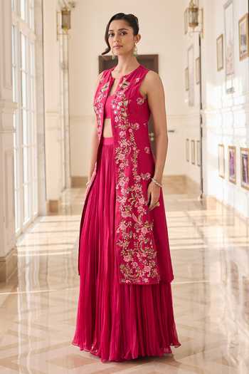 RINESSA_Pink Organza, Chanderi, Shantoon Open Neck, Embellished Jacket Ruched Skirt Set _Online_at_Aza_Fashions