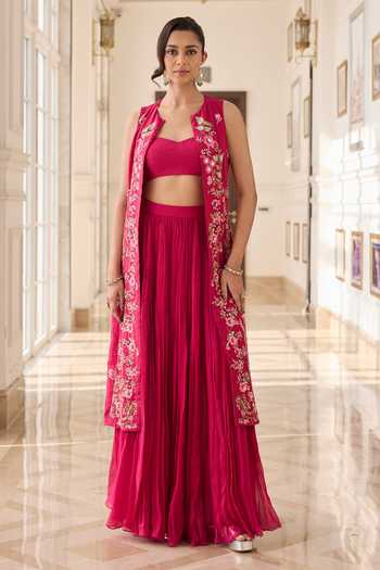 Buy_RINESSA_Pink Organza, Chanderi, Shantoon Open Neck, Embellished Jacket Ruched Skirt Set _Online_at_Aza_Fashions