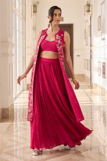 Shop_RINESSA_Pink Organza, Chanderi, Shantoon Open Neck, Embellished Jacket Ruched Skirt Set _Online_at_Aza_Fashions