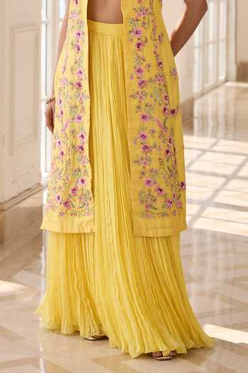Buy_RINESSA_Yellow Organza, Chanderi, Shantoon Split Embellished Jacket Ruched Skirt Set _Online_at_Aza_Fashions