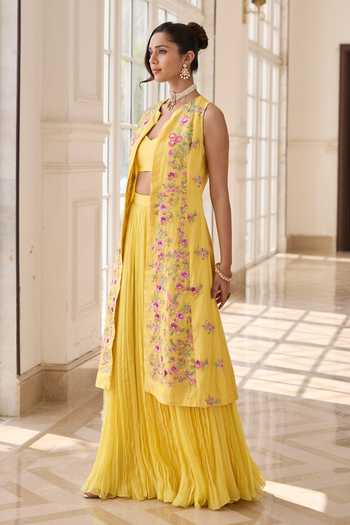 Shop_RINESSA_Yellow Organza, Chanderi, Shantoon Split Embellished Jacket Ruched Skirt Set _Online_at_Aza_Fashions