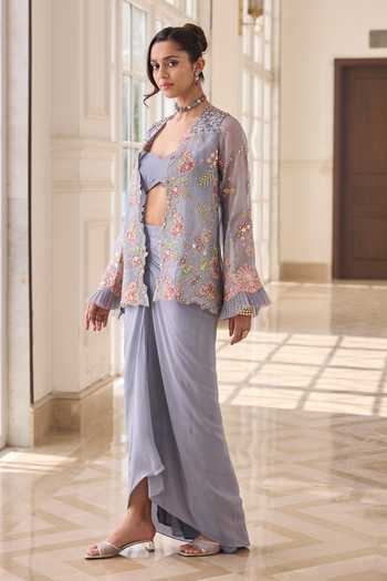 Buy RINESSA Blue Organza, Crepe, Shantoon Open Hand Embroidered Jacket And Dhoti Skirt Set Online at Aza Fashions Buy_RINESSA_Blue Organza, Crepe, Shantoon Open Hand Embroidered Jacket And Dhoti Skirt Set _Online_at_Aza_Fashions